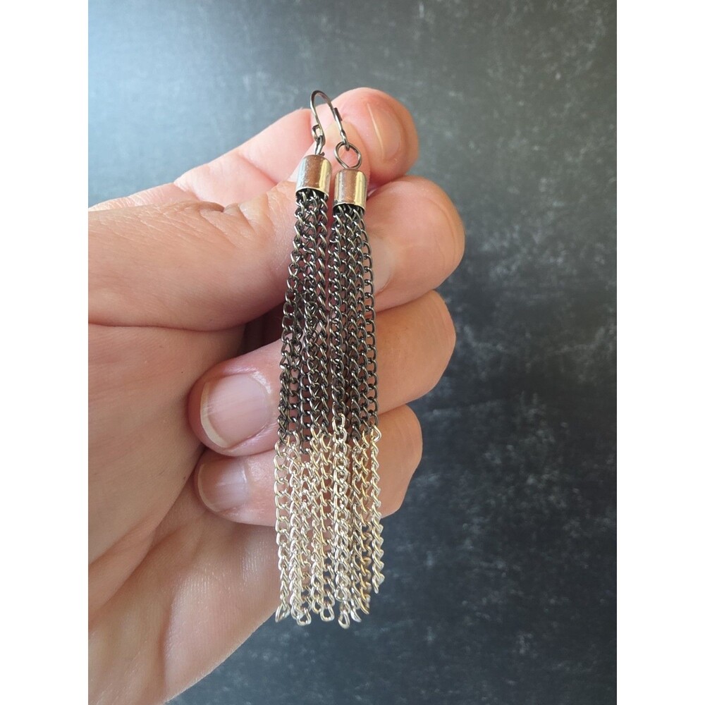 Two Toned Silver Tone Metal Dangling Pierced Earrings Vintage Costume Jewelry